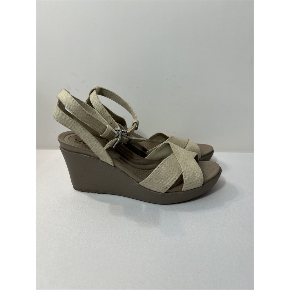 Crocs Women's Sz 6 Leigh II Cross Ankle Strap Wedge Sandals Beige Canvas Comfort
